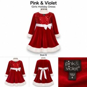 Pink & Violet Girls Red Velvet Sequin Holiday Dress Faux Fur Trim Size 6
